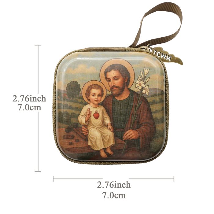 Rosary Case - St. Joseph with Jesus - Metal - Zipper - 7x7x3.3cm Catholic religious art