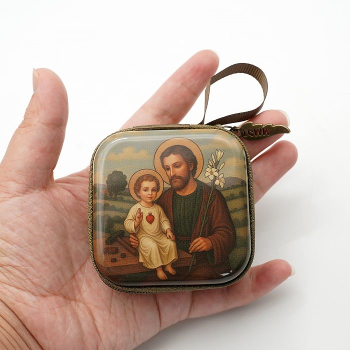 Rosary Case - St. Joseph with Jesus - Metal - Zipper - 7x7x3.3cm Catholic religious art