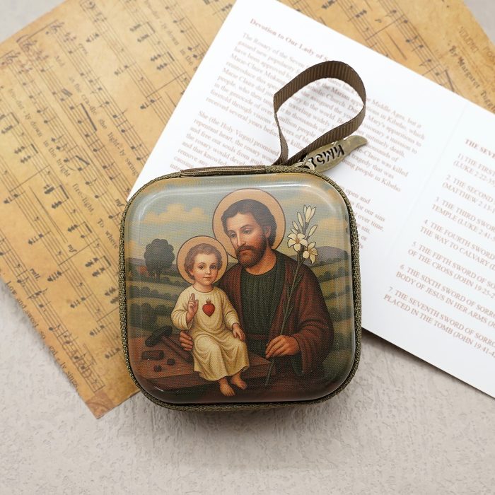 Rosary Case - St. Joseph with Jesus - Metal - Zipper - 7x7x3.3cm Catholic religious art