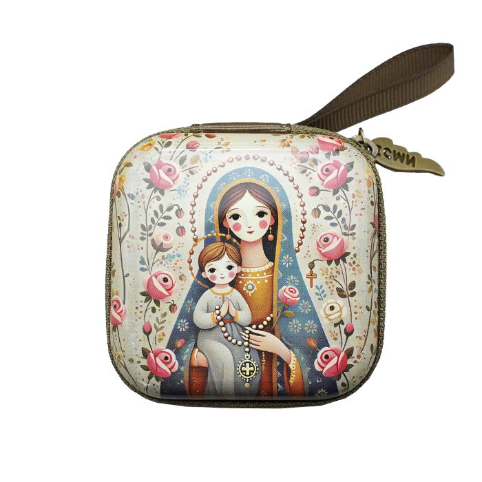 Rosary Case - Madonna & Child (Cartoon) - Metal - Zipper - 7x7x3.3cm Catholic religious art