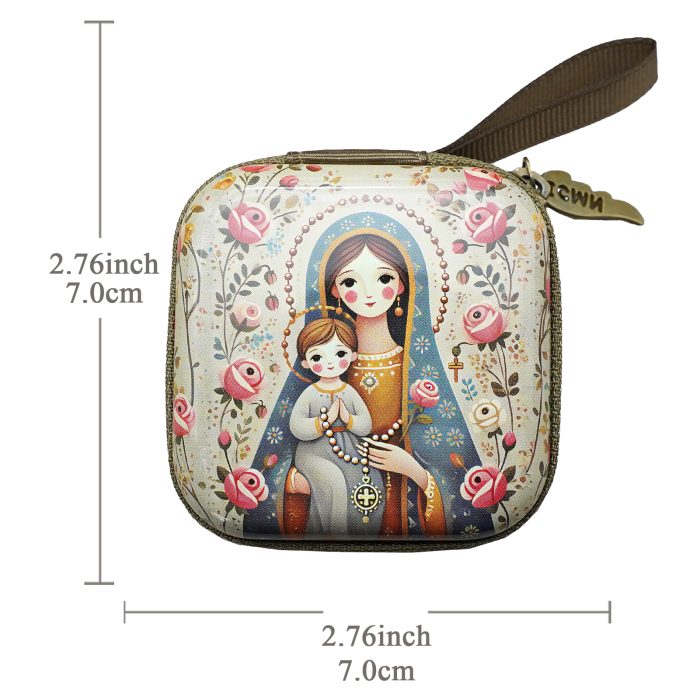 Rosary Case - Madonna & Child (Cartoon) - Metal - Zipper - 7x7x3.3cm Catholic religious art