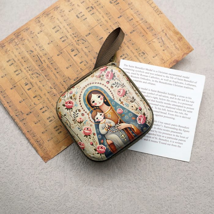 Rosary Case - Madonna & Child (Cartoon) - Metal - Zipper - 7x7x3.3cm Catholic religious art