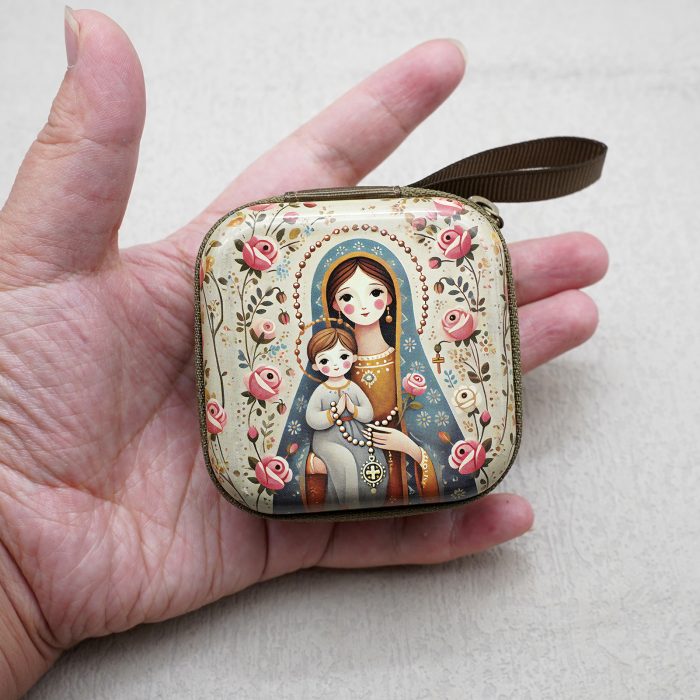 Rosary Case - Madonna & Child (Cartoon) - Metal - Zipper - 7x7x3.3cm Catholic religious art