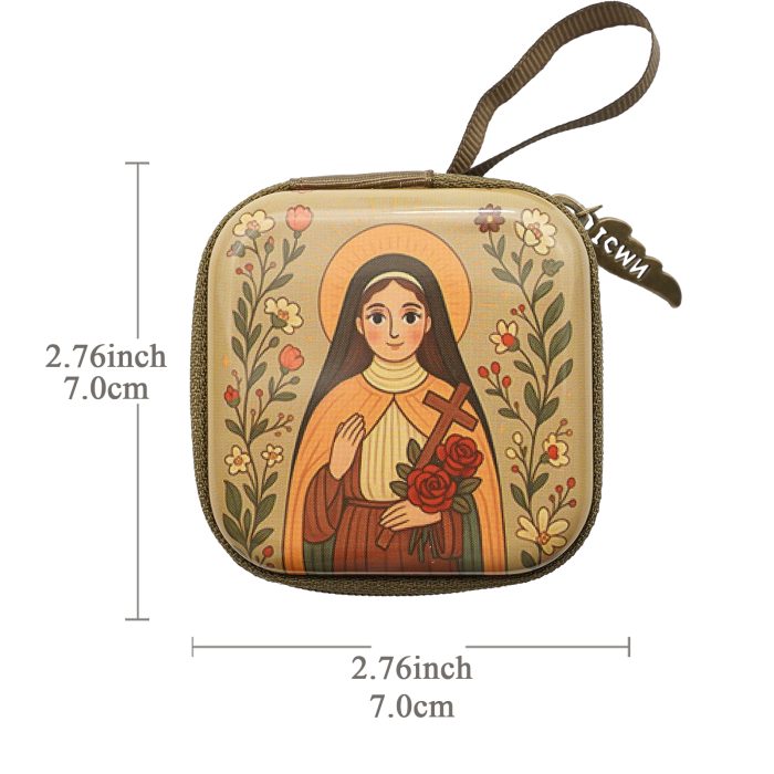 Rosary Case - St. Thérèse - Metal - Zipper - 7x7x3.3cm Catholic religious art