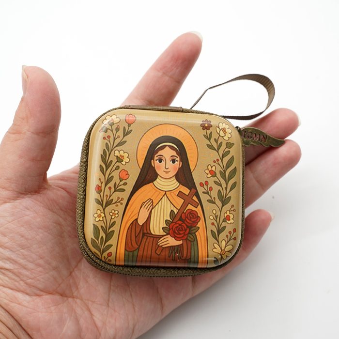 Rosary Case - St. Thérèse - Metal - Zipper - 7x7x3.3cm Catholic religious art