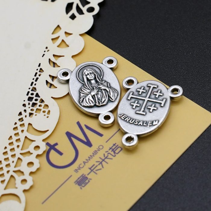 DIY三通-圣母圣心+耶路撒冷十字架-锌合金-1.6x1.2cm Catholic religious art