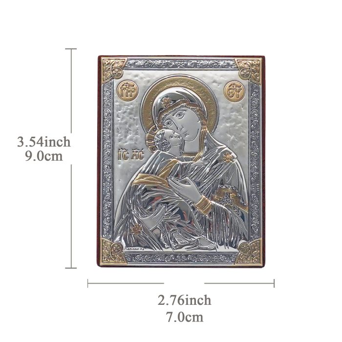 浮雕木板圣像 圣母抱耶稣 银金色 9x7cm Catholic religious art