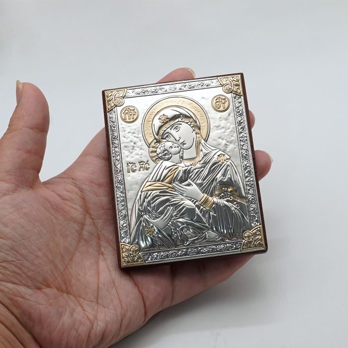浮雕木板圣像 圣母抱耶稣 银金色 9x7cm Catholic religious art