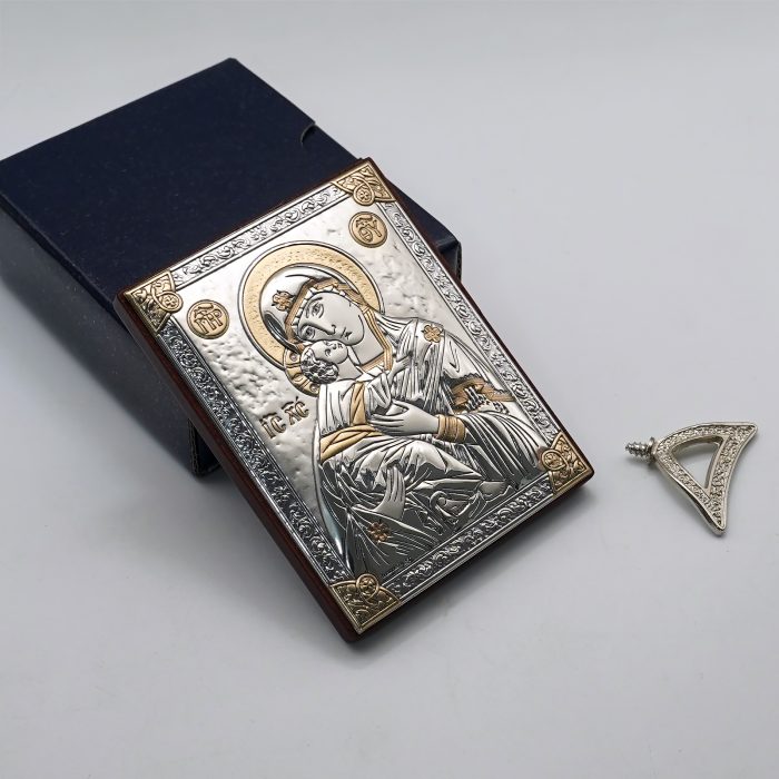 浮雕木板圣像 圣母抱耶稣 银金色 9x7cm Catholic religious art