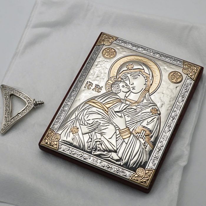 浮雕木板圣像 圣母抱耶稣 银金色 9x7cm Catholic religious art