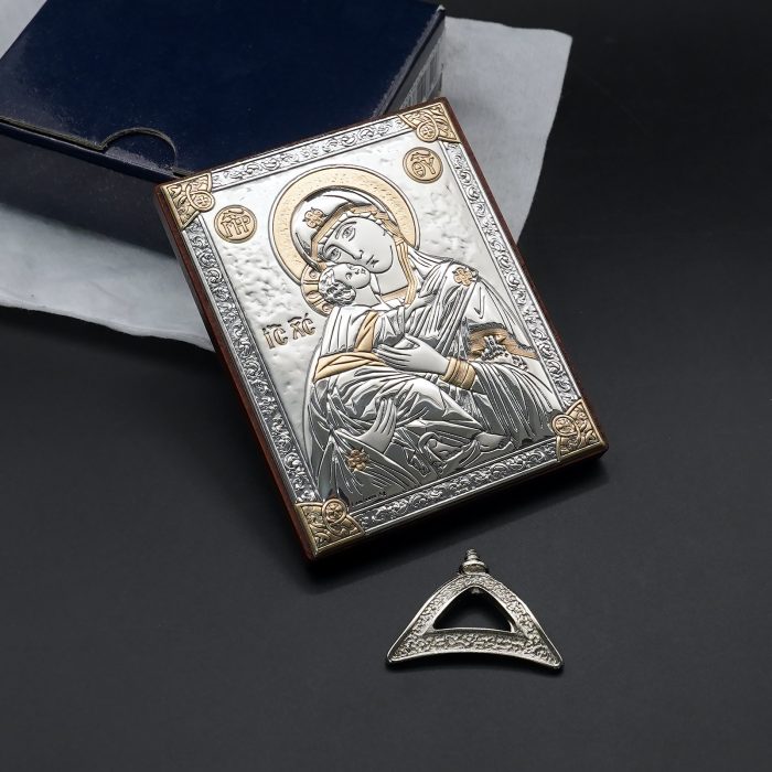 浮雕木板圣像 圣母抱耶稣 银金色 9x7cm Catholic religious art