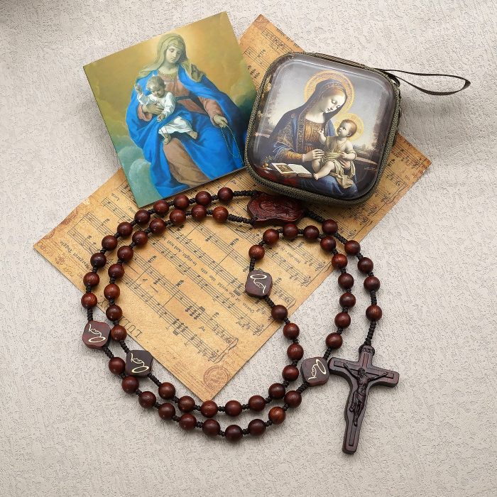 玫瑰念珠-万福圣母-紫檀木-绳编-8mm-珠送念珠包 Catholic religious art