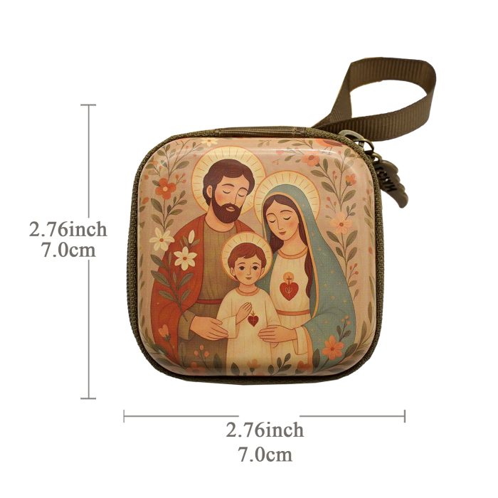 Metal Rosary Case - Holy Family - Metal - Zipper Case - 7x7x3.3cm Catholic religious art