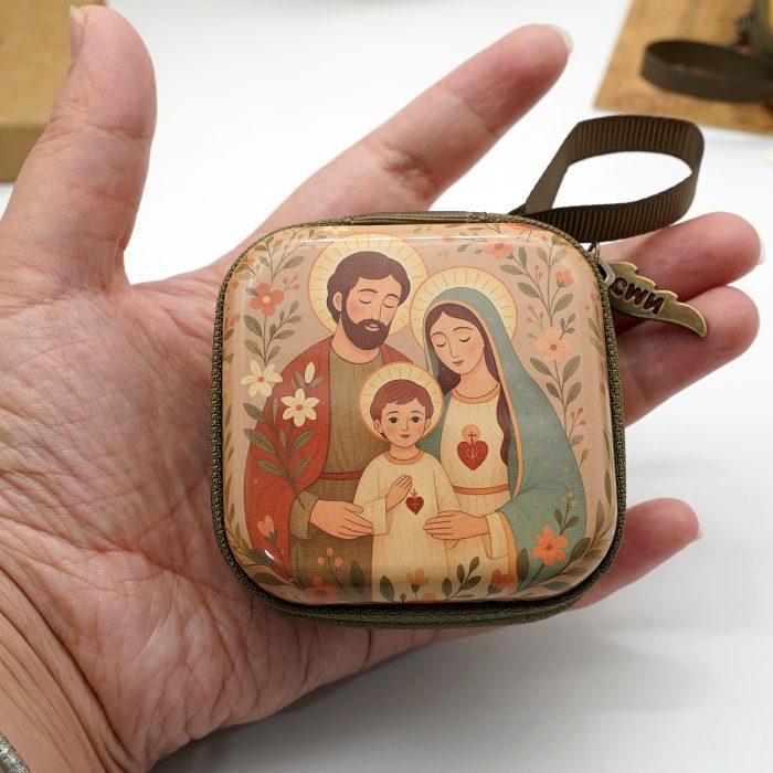 Metal Rosary Case - Holy Family - Metal - Zipper Case - 7x7x3.3cm Catholic religious art