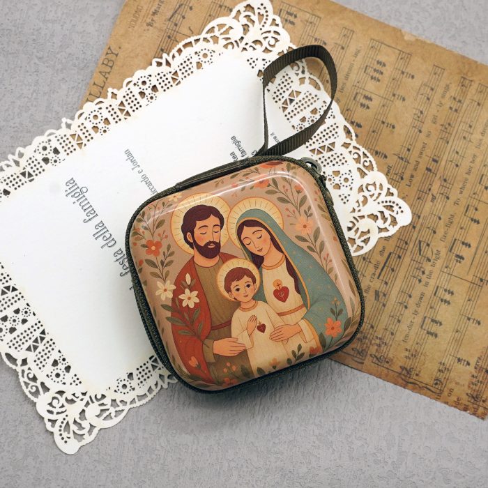 Metal Rosary Case - Holy Family - Metal - Zipper Case - 7x7x3.3cm Catholic religious art