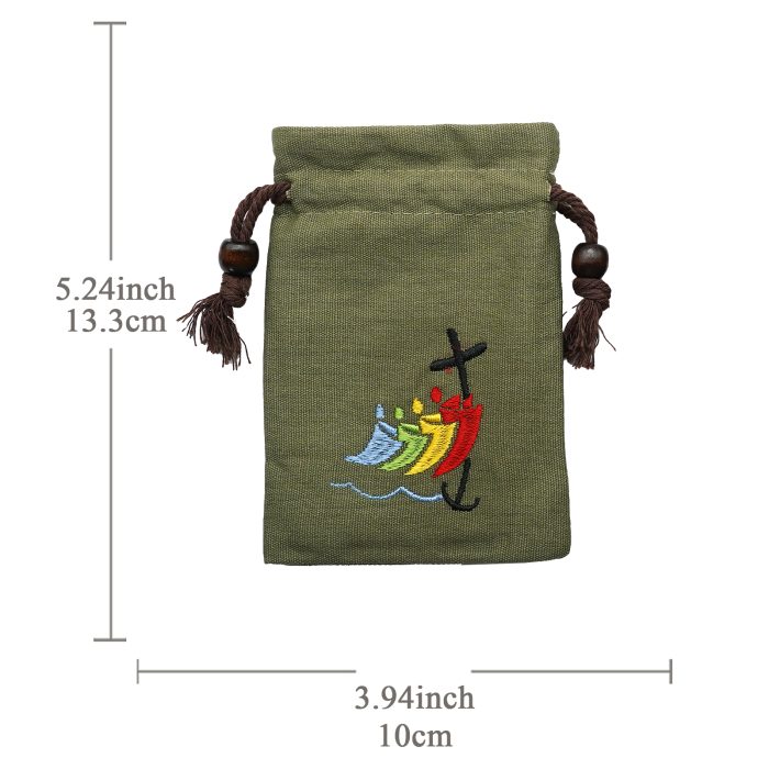 念珠包-2025禧年-刺绣抽拉绳-军绿色-13.3x10cm Catholic religious art