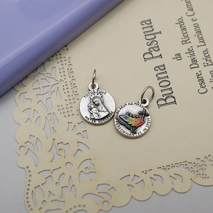 圣牌 - 教会之母（Totus Tuus） -禧年-银色彩色-1.3cm Catholic religious art