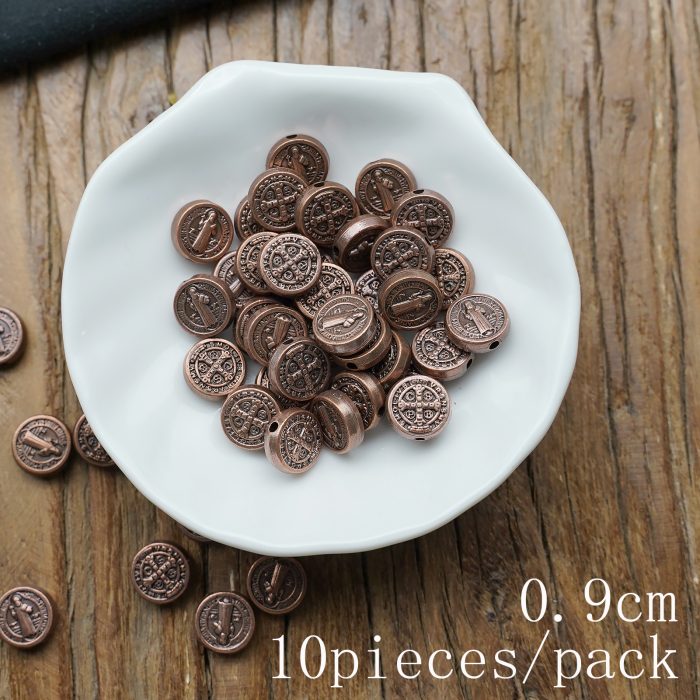 DIY珠子-圣本笃-圆形-锌合金-红铜色-9mm-10颗/包 Catholic religious art