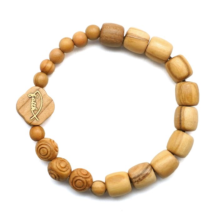 弹力手链-Faith鱼-橄榄木桶珠配花纹珠-单圈长16cm Catholic religious art