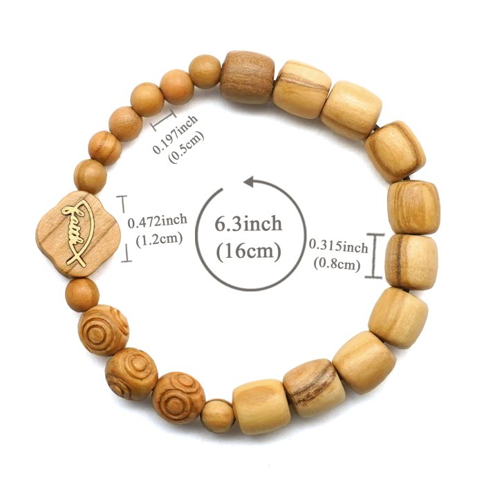 弹力手链-Faith鱼-橄榄木桶珠配花纹珠-单圈长16cm Catholic religious art