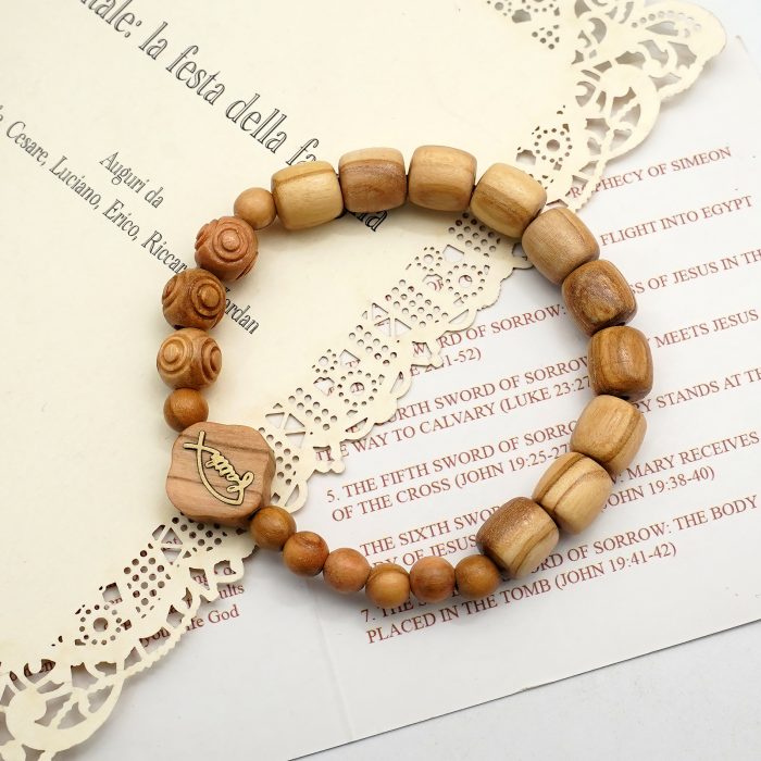 弹力手链-Faith鱼-橄榄木桶珠配花纹珠-单圈长16cm Catholic religious art