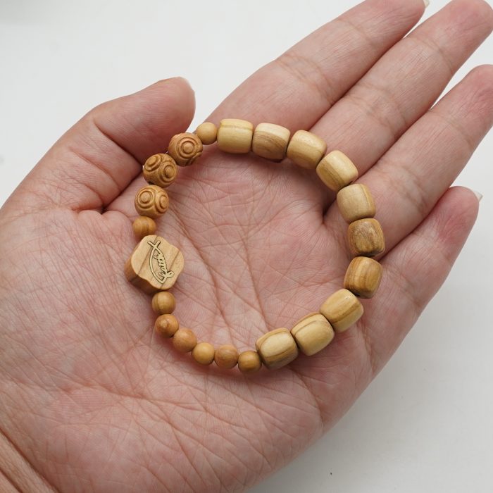 弹力手链-Faith鱼-橄榄木桶珠配花纹珠-单圈长16cm Catholic religious art