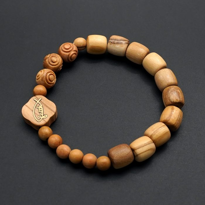 弹力手链-Faith鱼-橄榄木桶珠配花纹珠-单圈长16cm Catholic religious art