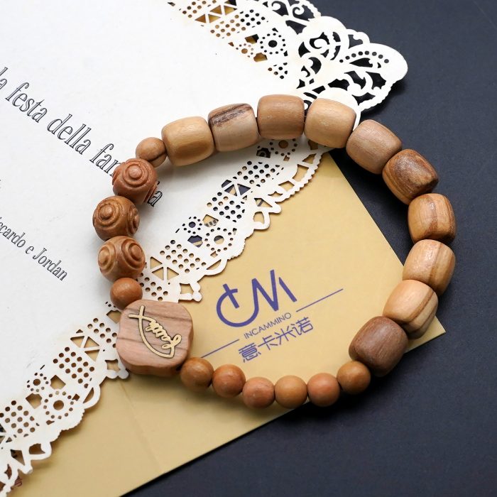 弹力手链-Faith鱼-橄榄木桶珠配花纹珠-单圈长16cm Catholic religious art