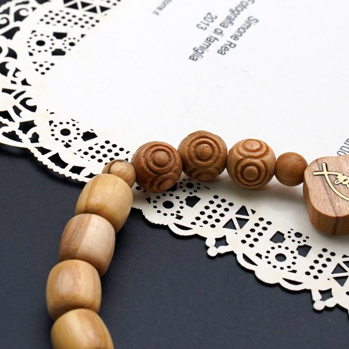 弹力手链-Faith鱼-橄榄木桶珠配花纹珠-单圈长16cm Catholic religious art