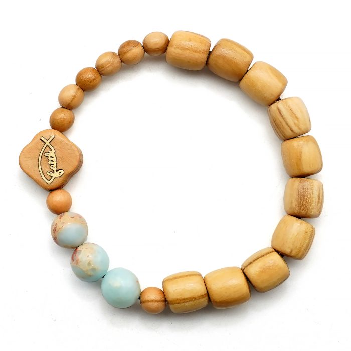 弹力手链-Faith鱼-橄榄木桶珠配寿山石珠-单圈长16cm Catholic religious art