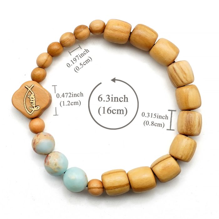 弹力手链-Faith鱼-橄榄木桶珠配寿山石珠-单圈长16cm Catholic religious art