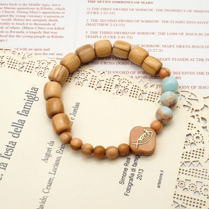 弹力手链-Faith鱼-橄榄木桶珠配寿山石珠-单圈长16cm Catholic religious art