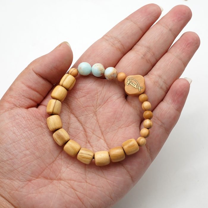 弹力手链-Faith鱼-橄榄木桶珠配寿山石珠-单圈长16cm Catholic religious art