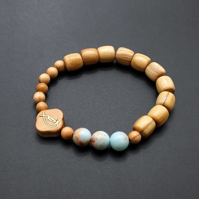 弹力手链-Faith鱼-橄榄木桶珠配寿山石珠-单圈长16cm Catholic religious art