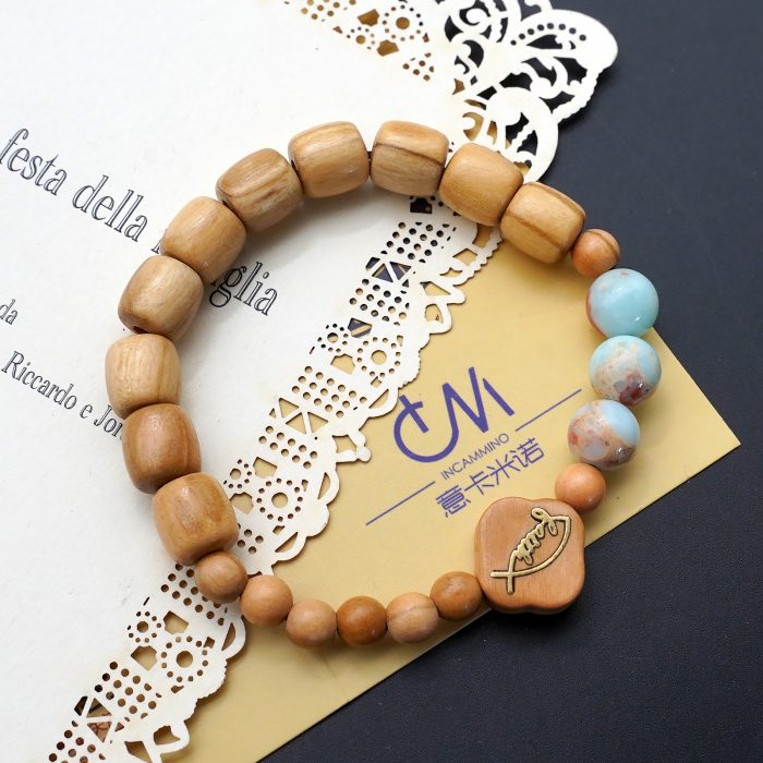 弹力手链-Faith鱼-橄榄木桶珠配寿山石珠-单圈长16cm Catholic religious art