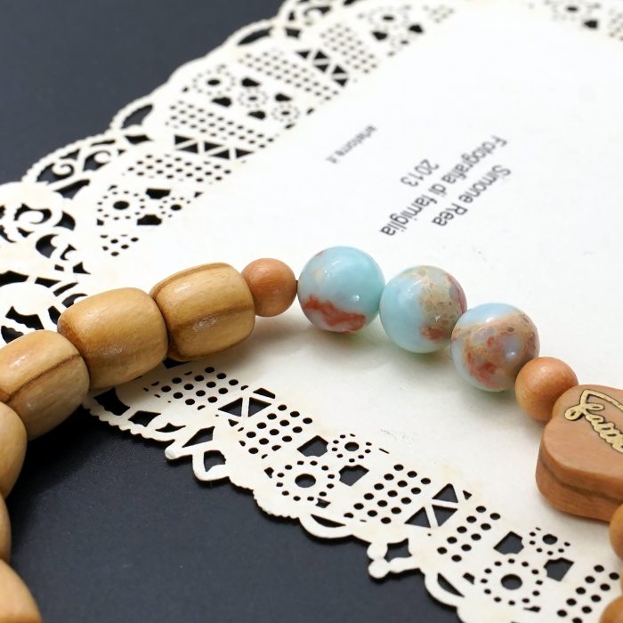 弹力手链-Faith鱼-橄榄木桶珠配寿山石珠-单圈长16cm Catholic religious art