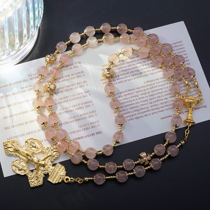 玫瑰念珠-圣爵+宽恕-金色配饰-粉晶8mm（送白色抽绳念珠包） Catholic religious art