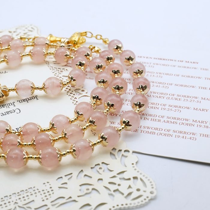 玫瑰念珠-圣爵+宽恕-金色配饰-粉晶8mm（送白色抽绳念珠包） Catholic religious art