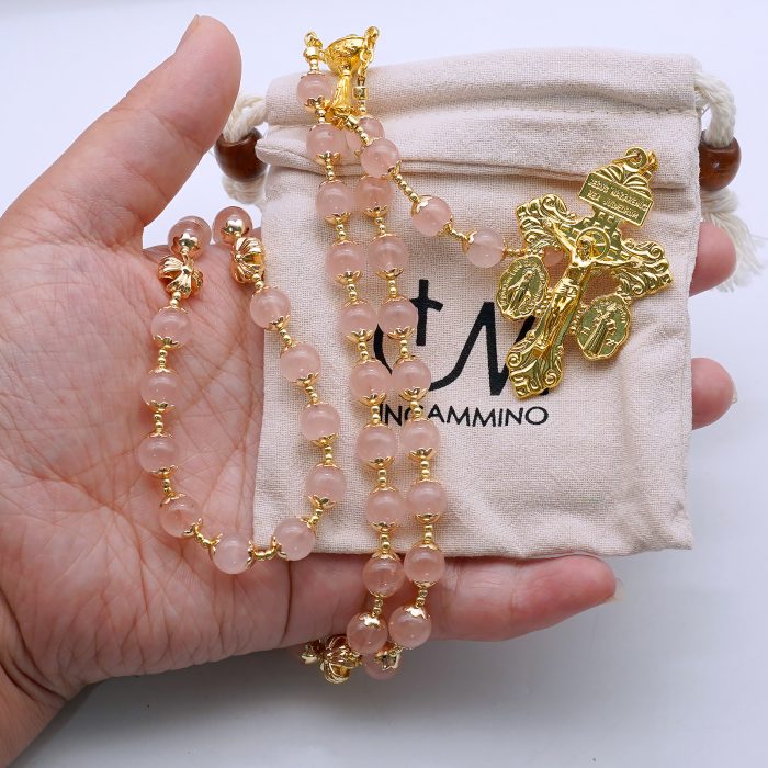 玫瑰念珠-圣爵+宽恕-金色配饰-粉晶8mm（送白色抽绳念珠包） Catholic religious art
