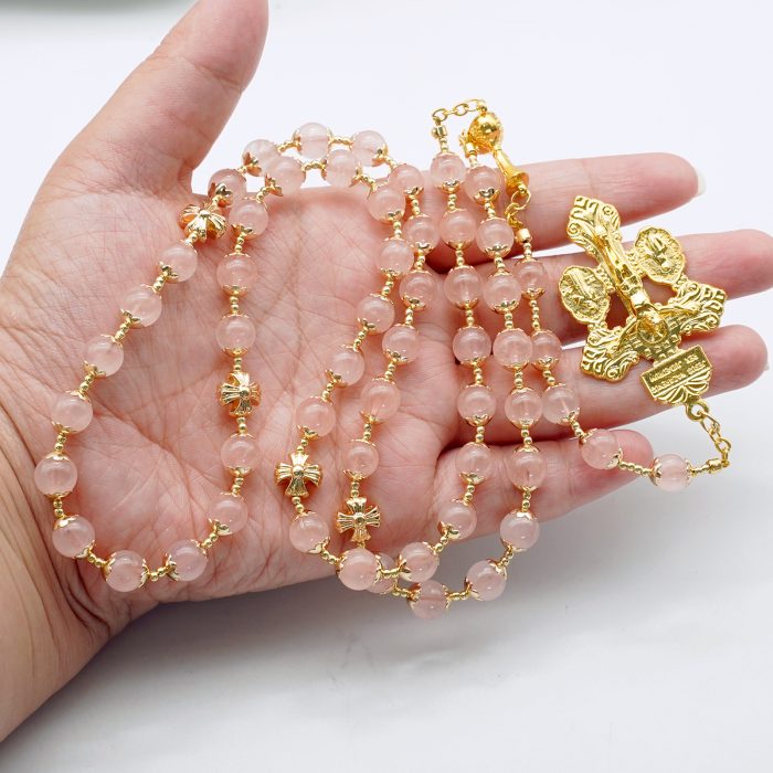 玫瑰念珠-圣爵+宽恕-金色配饰-粉晶8mm（送白色抽绳念珠包） Catholic religious art