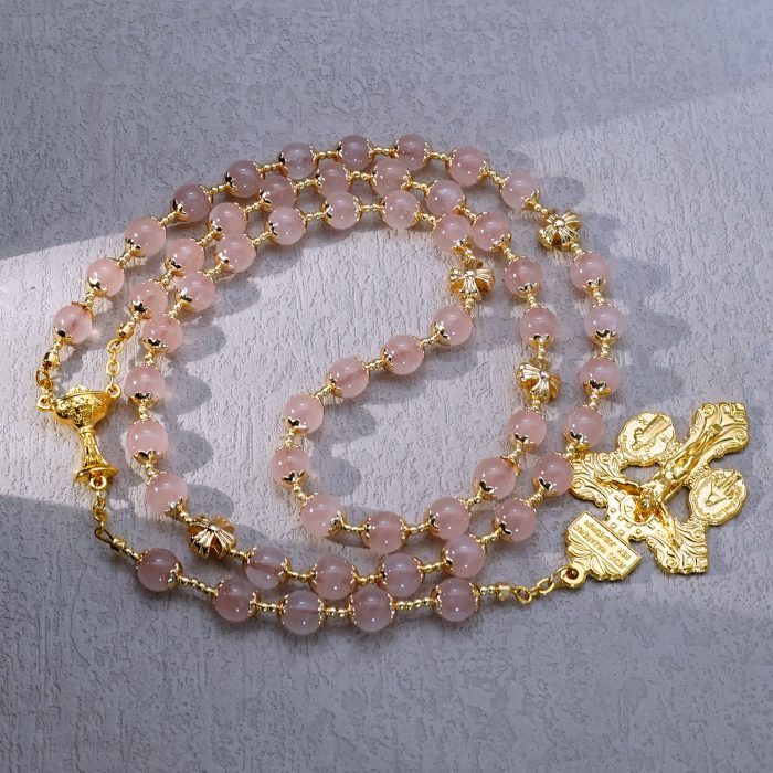 玫瑰念珠-圣爵+宽恕-金色配饰-粉晶8mm（送白色抽绳念珠包） Catholic religious art