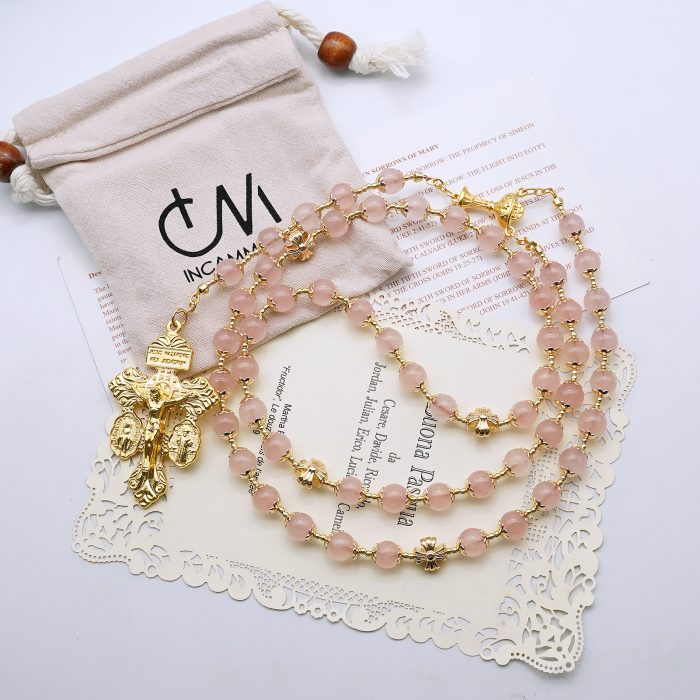 玫瑰念珠-圣爵+宽恕-金色配饰-粉晶8mm（送白色抽绳念珠包） Catholic religious art