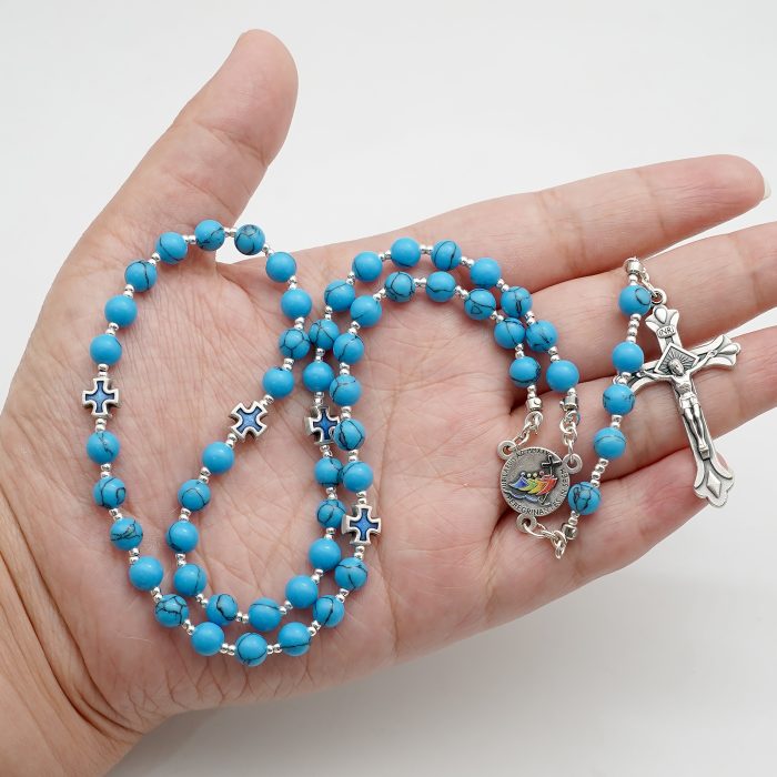 玫瑰念珠-禧年彩色圣母抱子-耶路撒冷十字架-蓝松石6mm（送念珠包） Catholic religious art