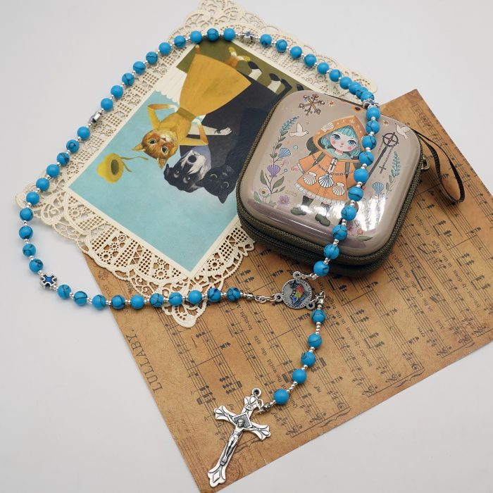 玫瑰念珠-禧年彩色圣母抱子-耶路撒冷十字架-蓝松石6mm（送念珠包） Catholic religious art