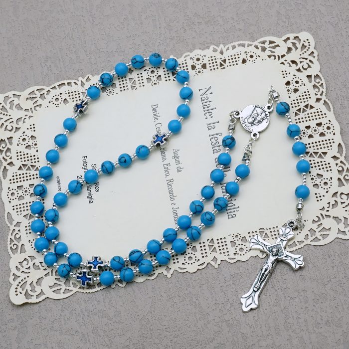 玫瑰念珠-禧年彩色圣母抱子-耶路撒冷十字架-蓝松石6mm（送念珠包） Catholic religious art