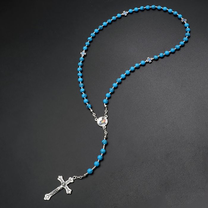 玫瑰念珠-禧年彩色圣母抱子-耶路撒冷十字架-蓝松石6mm（送念珠包） Catholic religious art