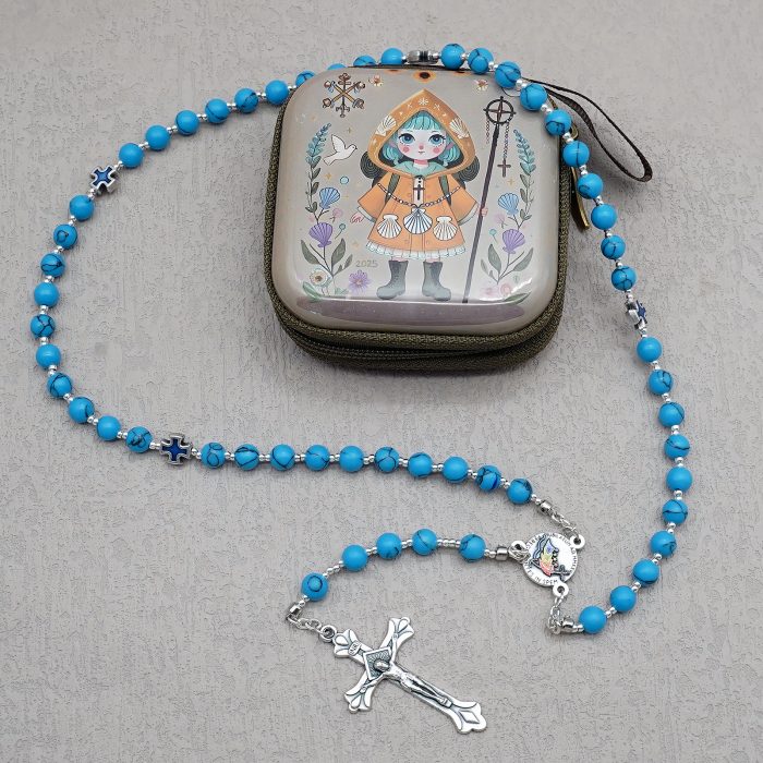 玫瑰念珠-禧年彩色圣母抱子-耶路撒冷十字架-蓝松石6mm（送念珠包） Catholic religious art