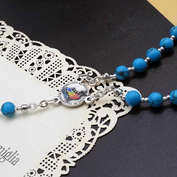 玫瑰念珠-禧年彩色圣母抱子-耶路撒冷十字架-蓝松石6mm（送念珠包） Catholic religious art