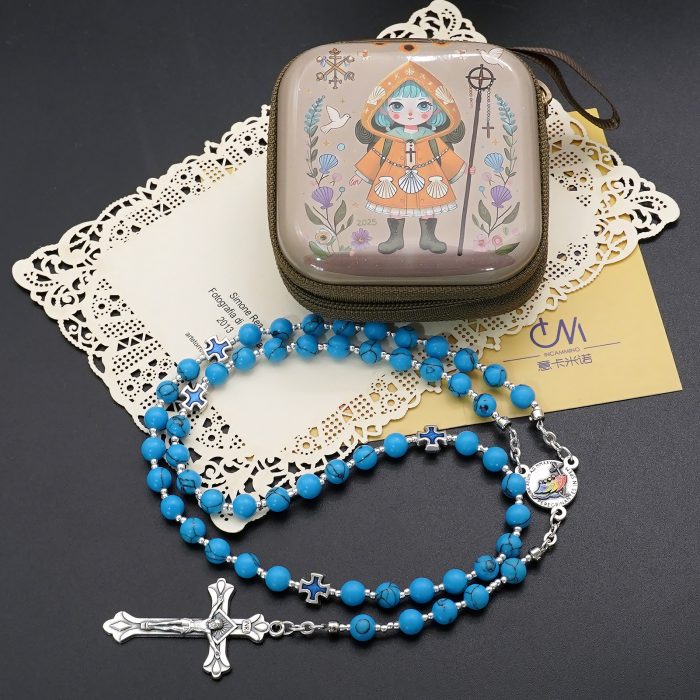 玫瑰念珠-禧年彩色圣母抱子-耶路撒冷十字架-蓝松石6mm（送念珠包） Catholic religious art