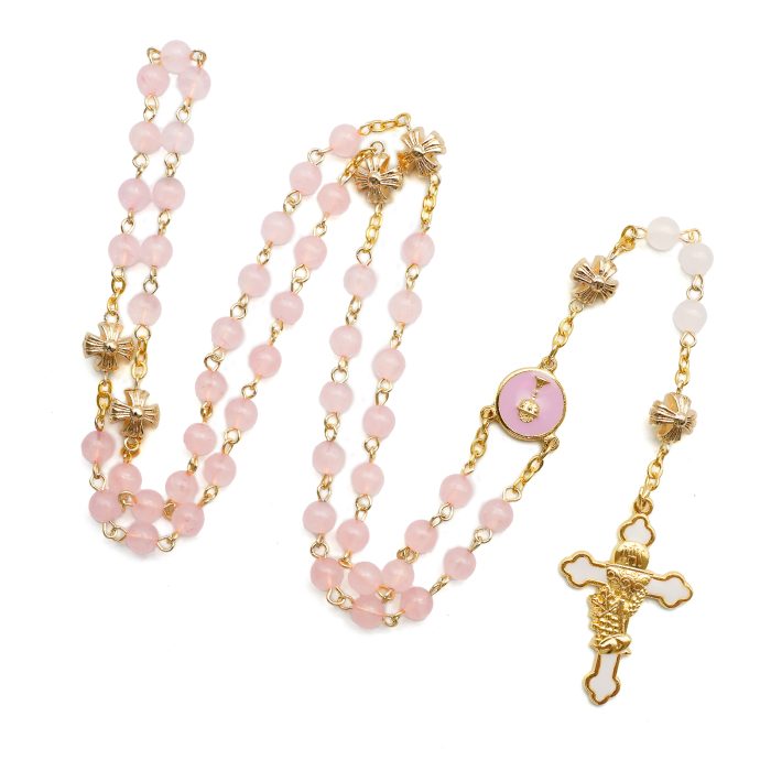 玫瑰念珠-初领圣体-粉水晶配白玉髓-6mm Catholic religious art